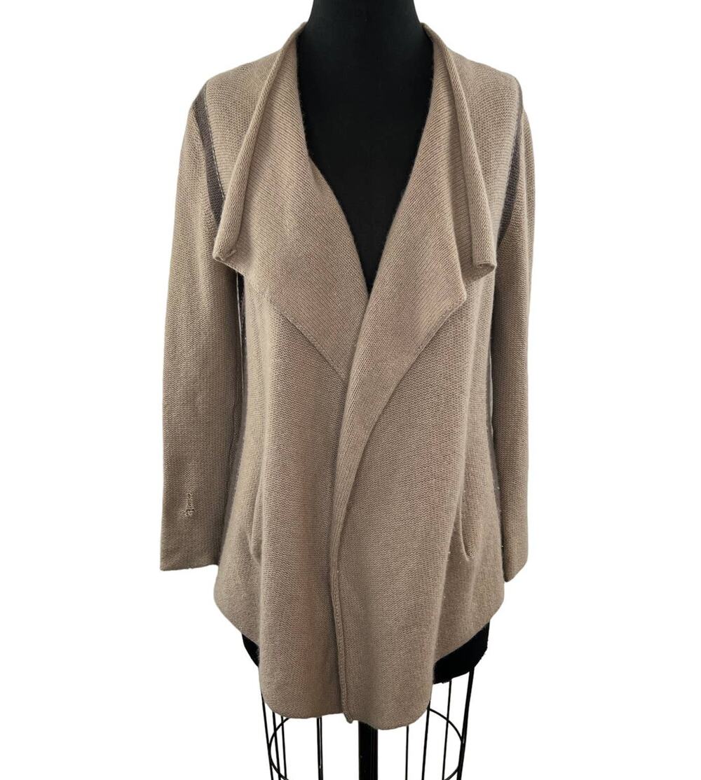 360 Cashmere Tan/Brown Color-Block Draped Relaxed Cardigan Sweater Pockets S